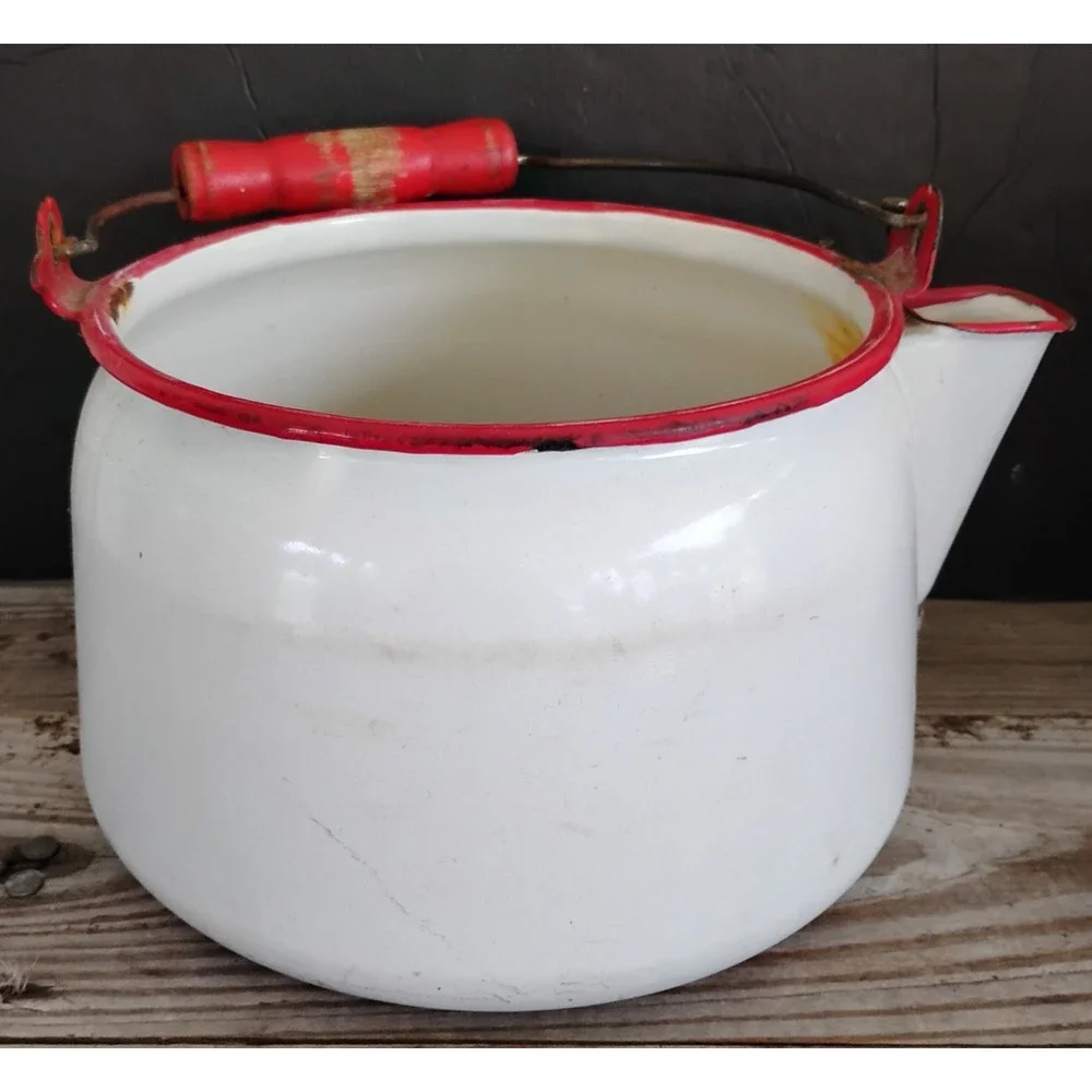 🏕️🚙Enamelware Kettle Coffee Pot White Red Wood Handle Farmhouse Camp Cowboy